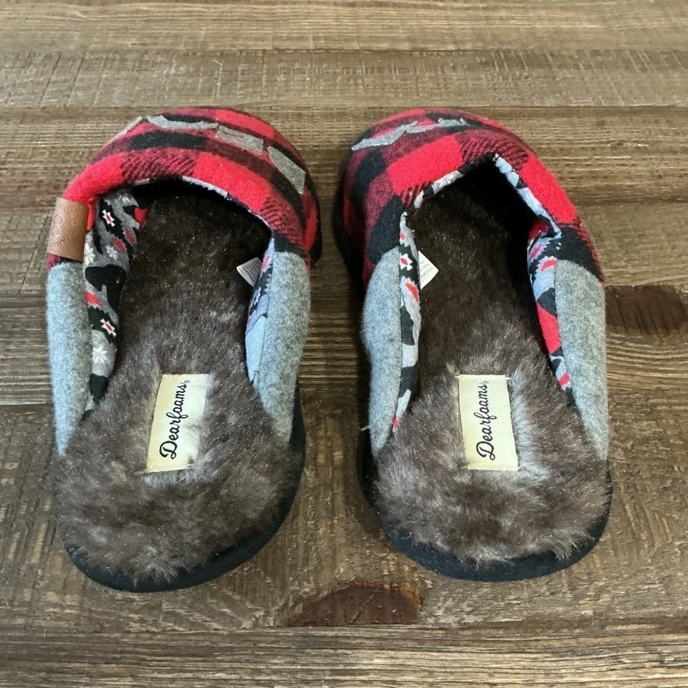 Dearfoams Red Black Plaid Men's Papa Bear Slippers And Kids Lil Bear Slippers